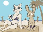  4:3 anthro arctic_fox areola beach bikini breasts canid canine cheek_tuft clothed clothing day detailed_background digital_media_(artwork) disney duo_focus facial_tuft female fox fur group head_tuft jack_savage lagomorph leporid male mammal nipples outside palm_tree plant rabbit seaside silhouette sitting skye_(zootopia) smile swimming_trunks swimwear tggeko topless tree tuft zootopia 