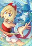  1girl amando_nut arm_wrap blonde_hair eyebrow_cut eyelashes forked_tail full_body glaceon highres irida_(pokemon) knees poke_ball poke_ball_(legends) pokemon pokemon_(creature) pokemon_(game) pokemon_legends:_arceus red_headwear red_shirt shirt short_hair shorts strapless strapless_shirt tail waist_cape white_shorts 