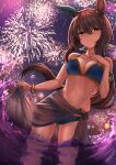  absurdres admire_vega_(umamusume) animal_ears bikini breasts brown_eyes brown_hair cleavage collarbone commentary_request fireworks hair_ornament herohero_(higashi_no_dou) highres horse_ears horse_girl horse_tail long_hair looking_at_viewer medium_breasts night ocean ponytail smile swimsuit tail umamusume water 