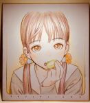  1girl bangs border brown_eyes brown_hair colored_pencil_(medium) eating english_text eyebrows_visible_through_hair flower food hair_flower hair_ornament hair_over_shoulder hand_up holding holding_food long_hair long_sleeves looking_at_viewer low_twintails macaron murata_range open_mouth orange_eyes orange_flower original photo_(medium) portrait sailor_collar school_uniform shikishi shirt simple_background solo traditional_media twintails upper_body white_background 