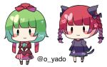  2girls :3 animal_ears artist_name bangs black_footwear black_ribbon blunt_bangs blush_stickers boots bow brown_footwear cat_ears cat_tail chibi dress extra_ears front_ponytail full_body green_eyes green_hair grey_dress hair_bow juliet_sleeves kaenbyou_rin kagiyama_hina leg_ribbon long_sleeves looking_at_viewer multiple_girls multiple_tails nekomata pointy_ears puffy_sleeves red_bow red_dress red_eyes red_hair ribbon simple_background sleeves_past_fingers sleeves_past_wrists standing tail touhou two_tails v_arms white_background yadoyuki |_| 