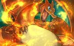  animal_focus blue_eyes charizard claws commentary_request fangs fire kaosu_(kaosu0905) looking_down no_humans open_mouth pokemon pokemon_(creature) signature solo tongue 