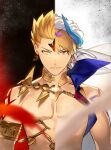  1boy arabian_clothes bangs blonde_hair choker commentary earrings eyebrows_visible_through_hair fate/grand_order fate/stay_night fate/zero fate_(series) gilgamesh_(caster)_(fate) gilgamesh_(fate) ginka_sima hair_between_eyes headwear_request highres jewelry looking_at_viewer male_focus red_eyes short_hair smile yellow_eyes 