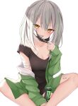  1girl :d bandaged_arm bandaged_fingers bandages bandaid bandaid_on_breast bandaid_on_leg black_shirt blush breasts cleavage fang feet_out_of_frame green_jacket grey_hair highres jacket kamu_(geeenius) long_hair long_sleeves looking_at_viewer mask mask_pull mole mole_on_breast monster_energy mouth_mask multicolored_hair off_shoulder open_mouth original shirt simple_background sitting smile solo streaked_hair white_background yellow_eyes 