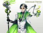  artist_name bangs bekkomi black_gloves black_hair black_shirt character_name colored_sclera gloves green_eyes green_necktie green_robe green_sclera highres holding holding_staff jacket league_of_legends long_sleeves looking_at_viewer mechanical_arms mole mole_above_mouth necktie pants shiny shiny_clothes shirt short_hair simple_background single_mechanical_arm smile snake staff sunglasses two-sided_fabric vest viktor_(league_of_legends) white_background white_jacket white_pants white_vest 