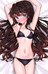  1girl armpits bikini black_bikini blue_eyes blush breasts brown_hair closed_mouth dakimakura_(medium) elisia_valfelto from_above hair_intakes hair_spread_out hands_up long_hair looking_at_viewer luicent lying navel on_bed original side-tie_bikini small_breasts solo swimsuit thigh_gap 