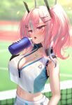  1girl azur_lane bare_shoulders blush bottle breasts bremerton_(azur_lane) bremerton_(scorching-hot_training)_(azur_lane) cleavage collarbone cowboy_shot crop_top hair_ornament hairclip heart heart_necklace holding holding_bottle large_breasts long_hair midriff multicolored_hair navel official_alternate_costume open_mouth outdoors pink_hair purple_eyes sidelocks silver_hair skirt sleeveless solo stomach streaked_hair suyamori sweat tennis_court tennis_net tongue tongue_out twintails two-tone_hair white_skirt x_hair_ornament 