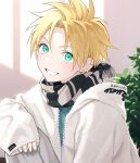  1boy bangs blonde_hair clothes_writing ear_piercing green_eyes highres hood hood_down hooded_jacket jacket jewelry long_sleeves looking_at_viewer male_focus open_clothes open_jacket original piercing pillow_(nutsfool) plant scarf solo spiked_hair upper_body white_jacket window_shade 