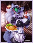  2022 absurd_res alternate_costume animatronic anthro apron apron_only azura_inalis big_breasts breasts canid canine canis cleavage clothed clothing doll_joints dress embarrassed eyelashes female five_nights_at_freddy's five_nights_at_freddy's:_security_breach food green_hair hair hi_res holding_object holding_plate huge_breasts inner_ear_fluff long_eyelashes machine maid_apron maid_headdress maid_uniform makeup mammal mostly_nude multicolored_hair omurice_(food) piercing robot roxanne_wolf scottgames simple_background solo steel_wool_studios thick_thighs tuft uniform white_hair wolf 