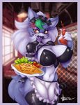  2022 absurd_res alternate_costume animatronic anthro apron apron_only azura_inalis big_breasts breasts canid canine canis cleavage clothed clothing doll_joints dress embarrassed eyelashes female five_nights_at_freddy&#039;s five_nights_at_freddy&#039;s:_security_breach food green_hair hair hi_res holding_object holding_plate huge_breasts inner_ear_fluff long_eyelashes machine maid_apron maid_headdress maid_uniform makeup mammal mostly_nude multicolored_hair omurice piercing robot roxanne_wolf_(fnaf) scottgames simple_background solo thick_thighs tuft uniform video_games white_hair wolf 