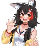  1girl :d animal_ear_fluff animal_ears bangs black_hair blush bone_hair_ornament breasts brown_eyes claw_pose commentary_request cosplay daichi_(daichi_catcat) eyebrows_visible_through_hair fang hair_ornament hair_over_shoulder highres hololive inugami_korone inugami_korone_(cosplay) jacket large_breasts long_hair looking_at_viewer multicolored_hair nail_polish ookami_mio open_clothes open_jacket red_hair shirt skin_fang smile solo streaked_hair upper_body virtual_youtuber white_shirt wolf_ears yellow_jacket yellow_nails 