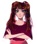  1girl brown_eyes brown_hair closed_mouth commentary crossed_arms d.va_(overwatch) english_commentary facial_mark fingernails highres looking_at_viewer matilda_fiship nail_polish overwatch red_nails red_shirt shirt simple_background smile solo twintails whisker_markings white_background 
