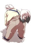  2022 anthro biped book_whitener bottomwear butt canid canine canis clothing domestic_dog hi_res humanoid_hands kemono male mammal monochrome_(series) overweight overweight_male pants shirt simple_background solo takagi_kyou topwear white_body 