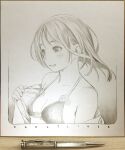  1girl absurdres bangs bare_shoulders bikini border breasts cleavage english_text floating_hair flower graphite_(medium) greyscale halterneck highres looking_away mechanical_pencil medium_hair monochrome murata_range off_shoulder open_clothes open_shirt original pencil photo_(medium) shikishi shirt small_breasts smile solo swimsuit traditional_media upper_body 