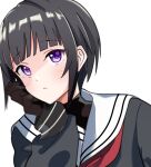  1girl bangs black_gloves black_hair black_serafuku blunt_bangs bodysuit eyebrows_visible_through_hair gloves hand_on_own_cheek hand_on_own_face head_rest idolmaster idolmaster_cinderella_girls looking_afar mitche purple_eyes school_uniform serafuku shirayuki_chiyo short_hair simple_background solo upper_body white_background 