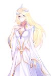  1girl absurdres blonde_hair blue_eyes douluo_dalu dress hair_ornament hand_on_own_chest highres long_hair looking_at_viewer qian_renxue_(douluo_dalu) qian_renxue_zhuye weibo_id weibo_logo white_background white_dress 