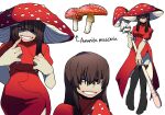  1girl bags_under_eyes bangs black_footwear boots brown_eyes brown_hair commentary creature_and_personification dress ehfhfh_3712 hair_over_eyes high_heel_boots high_heels highres holding holding_staff long_hair multiple_views mushroom mushroom_hat original personification red_dress short_sleeves simple_background smile staff thigh_boots thighhighs white_background 