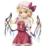  1girl :d ascot bangs banned_artist blonde_hair blush bow breasts commentary_request crystal eyebrows_visible_through_hair eyelashes fangs finger_to_mouth flandre_scarlet frilled_shirt_collar frilled_skirt frills hat hat_ribbon heart heart_of_string highres index_finger_raised looking_at_viewer minust mob_cap multicolored_wings one_side_up open_mouth petticoat puffy_short_sleeves puffy_sleeves red_eyes red_ribbon red_skirt red_vest ribbon shiny shiny_hair shirt short_hair short_hair_with_long_locks short_sleeves side_ponytail simple_background skirt small_breasts smile solo standing touhou vest white_background white_headwear white_shirt wings wrist_cuffs yellow_ascot 