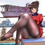  1girl black_legwear brown_eyes brown_hair buttons closed_mouth commentary_request double-breasted dress hair_bun kamisimo_90 knees_up long_sleeves looking_at_viewer medium_hair military original panties panties_under_pantyhose pantyhose red_dress ship sitting smile underwear watercraft weapon white_panties 