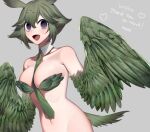  1girl alternate_hair_color artist_name between_breasts breasts commentary commission detached_collar empty_eyes english_commentary english_text feathered_wings feathers green_feathers green_hair green_necktie green_wings harpy heart ishuzoku_reviewers looking_at_viewer medium_breasts mimilo monster_girl navel necktie necktie_between_breasts nude open_mouth owl_girl purple_eyes short_hair simple_background skeb_commission solo tail tail_feathers w_o_w0 winged_arms wings 