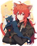  1boy animal animal_ears bangs blue_cat blush cat cat_ears closed_mouth diluc_(genshin_impact) eyepatch footprints genshin_impact gloves hair_between_eyes highres holding jacket kaeya_(genshin_impact) long_hair long_sleeves male_focus ponytail red_eyes red_hair shirt simple_background translation_request yuu_(mboj_fdk) 