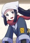  1girl :d absurdres aiu_eika akari_(pokemon) black_hair black_sash blush commentary_request eyelashes floating_hair floating_scarf grey_eyes grey_jacket head_scarf highres jacket logo long_hair looking_at_viewer open_mouth pokemon pokemon_(game) pokemon_legends:_arceus ponytail red_scarf sash scarf sidelocks smile solo twitter_username white_headwear yellow_bag 