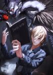  2boys absurdres black_hair blonde_hair brown_hair commentary_request death_note death_note_(object) highres holding long_sleeves looking_at_viewer male_focus multiple_boys necktie open_mouth ossan_zabi_190 ryuk sharp_teeth shinigami shirt smile teeth yagami_light 