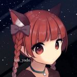  1girl animal_ear_fluff animal_ears bangs blunt_bangs bow braid brown_bow cat_ears choker dark_background expressionless extra_ears eyebrows_behind_hair green_choker hair_bow kaenbyou_rin light_particles long_hair looking_at_viewer pointy_ears portrait red_eyes red_hair simple_background solo touhou twin_braids twintails yadoyuki 