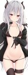  1girl ass_visible_through_thighs bikini black_bikini black_gloves black_jacket black_legwear blush breasts closed_mouth cowboy_shot dot_nose eyebrows_visible_through_hair gloves grey_hair heart highres horns jacket kamu_(geeenius) long_hair looking_at_viewer low_twintails navel open_clothes open_jacket original pink_eyes simple_background single_thighhigh small_breasts smile solo spread_navel swimsuit thigh_gap thigh_strap thighhighs twintails very_long_hair white_background 