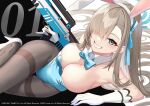  1girl animal_ears assault_rifle asuna_(blue_archive) bangs bare_shoulders blue_archive blue_eyes blue_leotard blush breasts brown_legwear bullpup cleavage detached_collar elbow_gloves fake_animal_ears famas gloves grin gun hair_over_one_eye highleg highleg_leotard highres large_breasts leotard light_brown_hair long_hair looking_at_viewer lying mole mole_on_breast on_side pantyhose playboy_bunny rabbit_ears rifle smile solo takehana_note thighs weapon white_gloves 