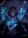  1girl armor artist_name black_hair blue_eyes blue_theme breastplate closed_mouth frostbite_pharah highres long_hair matilda_fiship overwatch pauldrons pharah_(overwatch) shoulder_armor shoulder_spikes solo spikes upper_body 