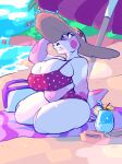  2020 absurd_res alligator alligatorid animal_crossing anthro beach beach_towel beverage big_breasts bikini blue_eyes breasts clothing crocodilian detailed_background female gayle_(animal_crossing) hat headgear headwear hi_res jinti_(artist) nintendo non-mammal_breasts pink_body pink_scales plant reptile scales scalie seaside sitting slightly_chubby smile solo swimwear thick_thighs towel tree umbrella video_games 