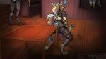  16:9 3_fingers anthro armor buckle claws clothing fingers furniture hi_res jacket kobold leather male open_mouth sitting straps table tavern teeth tongue topwear widescreen wolfywetfurr_(artist) wood 