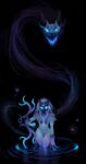  1girl blue_theme bow_(weapon) colored_skin glowing glowing_eyes highres holding holding_weapon kindred_(league_of_legends) lamb_(league_of_legends) league_of_legends looking_at_viewer mask matilda_fiship monster ripples wading weapon white_skin wolf_(league_of_legends) 