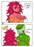  anthro blood blood_on_face blood_on_hand bodily_fluids clothed clothing comic dandruff dialogue dog_tags duo english_text ev_htf_(artist) female flaky_(htf) flippy_(htf) fur gift green_body green_fur hair happy_tree_friends hat headgear headwear hi_res korean_text male mammal military_cap military_clothing off_shoulder porcupine raised_hand red_body red_fur red_hair rodent sharp_teeth speech_bubble surprise sweat sweatdrop sweater teeth text topwear ursid yellow_eyes 