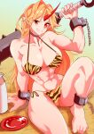  1girl abs animal_print arm_support bangs barefoot bikini blonde_hair blush breasts chain cleavage club_(weapon) collarbone commentary_request cuffs cup eyelashes fugaku_(miko_no_miyatsuguchi) grin highres horns hoshiguma_yuugi knees large_breasts long_hair looking_at_viewer muscular muscular_female oni over_shoulder parted_bangs pointy_ears print_bikini red_eyes sakazuki shackles single_horn sitting smile solo spiked_club swimsuit teeth thighs tiger_print tokkuri touhou weapon weapon_over_shoulder 