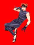  1boy black_gloves black_pants black_shirt blue_eyes full_body gloves holding holding_microphone jojo_no_kimyou_na_bouken looking_at_viewer microphone open_mouth orange_hair pants red_background sandals shakuyouka shirt simple_background sleeveless sleeveless_shirt solo squalo toes vento_aureo 