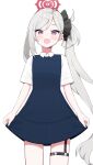  1girl :d billbung blue_archive blush dress flat_chest grey_hair halo highres long_hair looking_at_viewer mutsuki_(blue_archive) pinafore_dress purple_eyes side_ponytail simple_background smile solo very_long_hair white_background 