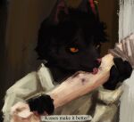  anon2000000 anthro black_body black_fur blood bodily_fluids bruised clothed clothing digital_media_(artwork) digital_painting_(artwork) domestic_cat dress_shirt duo ear_piercing ear_ring english_text felid feline felis female female_focus fur hi_res human interspecies licking male male/female mammal pale_skin piercing saliva shirt simple_background solo solo_focus text tongue tongue_out topwear white_body white_clothing white_shirt white_skin white_topwear 