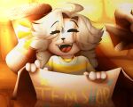  anthro bone box canid canine clothed clothing container eldritas-nacht eyes_closed fangs felid feline footwear fur hair happy hi_res mammal open_mouth smile socks solo tem temmie_(undertale) text tongue topwear undertale undertale_(series) video_games white_body white_fur 