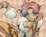  1girl :3 animal_ears argyle argyle_background bangs brown_background cat_girl closed_mouth dark_skin fur_trim light_smile merle_(tenkuu_no_escaflowne) ogasawara_tomy parted_bangs paw_pose pink_hair purple_eyes short_hair solo tail tenkuu_no_escaflowne 