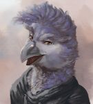  anthro avian beak black_clothing brown_eyes clothing eyebrows fur greennie hi_res looking_at_viewer male open_mouth purple_body purple_fur simple_background solo white_body white_fur 