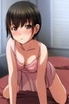  1girl absurdres all_fours babydoll bangs bare_arms bed bed_sheet black_hair blinds blush breasts brown_eyes collarbone eyebrows_visible_through_hair hair_between_eyes highres indoors looking_at_viewer matsunaga_kouyou on_bed open_mouth original pink_babydoll short_hair small_breasts solo window 