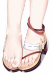  1girl anklet feet feet_only flip-flops genshin_impact highres jewelry legs nail_polish pink_nails sandals simple_background solo toe_ring toenail_polish toenails toes wd_(1106592840) white_background yae_(genshin_impact) 
