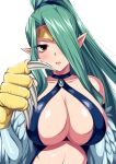  1girl blush breasts brown_eyes duel_monster forehead_protector green_hair hair_over_one_eye harpie_queen harpy horosuke large_breasts long_hair looking_at_viewer monster_girl parted_lips pointy_ears sling_bikini_top solo talons upper_body winged_arms yu-gi-oh! 