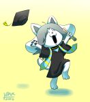  anthro canid canine clothed clothing diploma felid feline graduation graduation_cap graduation_robe hair hi_res mammal open_mouth pawpads paws pinkcappanda simple_background smile tem temmie_(undertale) topwear undertale undertale_(series) video_games white_body 