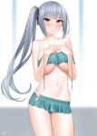  1girl aqua_bikini areola_slip areolae bangs bikini black_ribbon blunt_bangs breasts collarbone commentary_request dated eyebrows_visible_through_hair frilled_bikini frills grey_hair hair_ribbon highres jewelry kantai_collection kanzaki_muyu kasumi_(kancolle) large_breasts long_hair looking_at_viewer navel ribbon ring side_ponytail solo standing swimsuit thighs yellow_eyes 