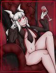  alcohol beverage blush breasts clothed clothing drokmars female gloves hair handwear helltaker hi_res horn human humanoid lucifer_(helltaker) mammal markings mole_(marking) organs partially_clothed red_eyes silver_hair solo stomach 