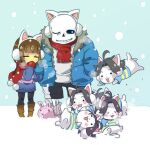  blush canid canine cat_headphones clothed clothing felid feline frisk_(undertale) group hair low_res mammal sans_(undertale) simple_background snow tem temmie_(undertale) topwear undertale undertale_(series) video_games white_body winter yugaiga 