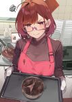  1girl 92m ahoge apron breasts brown_sweater burnt closed_mouth glasses gloves highres holding holding_tray large_breasts original pink_eyes red_hair short_hair solo sweater tray turtleneck turtleneck_sweater upper_body v-shaped_eyebrows 